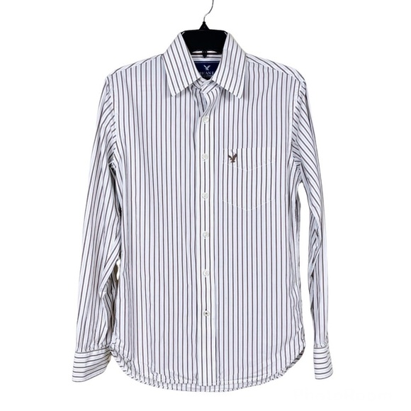 American Eagle Outfitters White Beige Striped Button Front Long Sleeve Shirt XS - Picture 2 of 6
